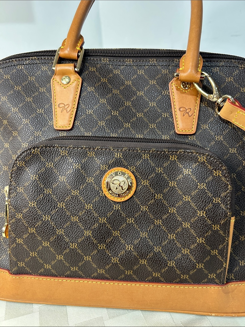 Rioni Patterned Domed Satchel with Tan Trim with matching checkbook